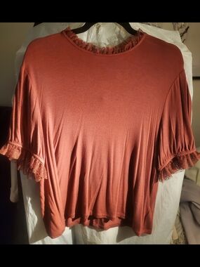 Rust Short Sleeve Ruffle-Trim Blouse